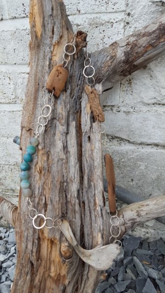 Rock pool Necklace, driftwood, forged silver and turquoise agate.