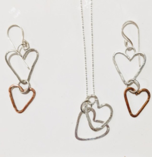 Copper and Silver heart Long Earrings