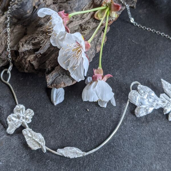 Fine Silver Cherry Blossom Necklace with sterling silver chain and hand forged fastening