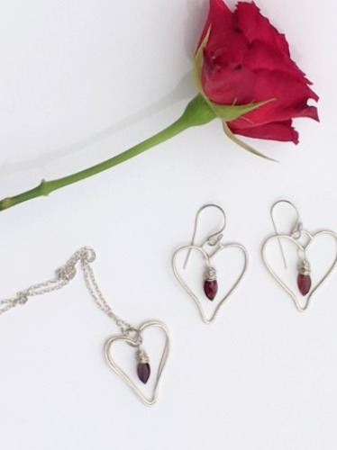 Silver Heart with Garnet Pendant and Earring Set