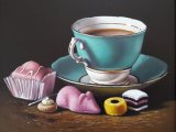 turquoise teacup with cake and sweets (sold)