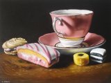 pink teacup with cake and sweets (sold)