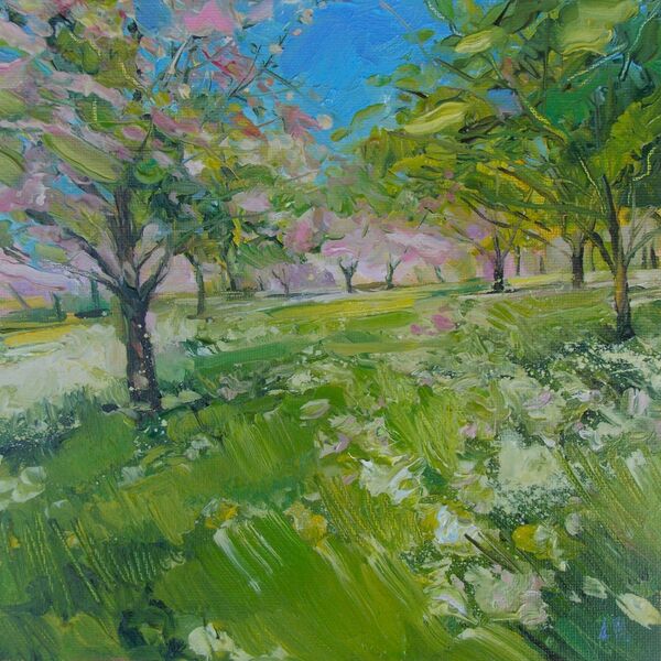 Under the Apple Trees, oil on board, Lucy Hawkins, 20x20cm £245