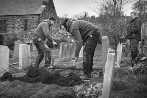 James Thompson with David Wallinger and Joe Casey digging a grave, St Benedict's Church, December 2017