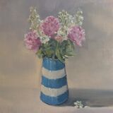 Peonies and Stocks in Cornishware vase