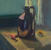 <p>black jug and seed head</p>