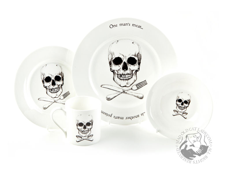 Limited edition, handmade fine bone china, four piece dinner set exclusive to Mad Old Cat Lady