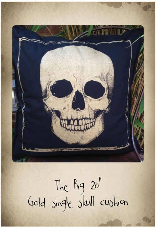 20" hand printed Gold skull cushion