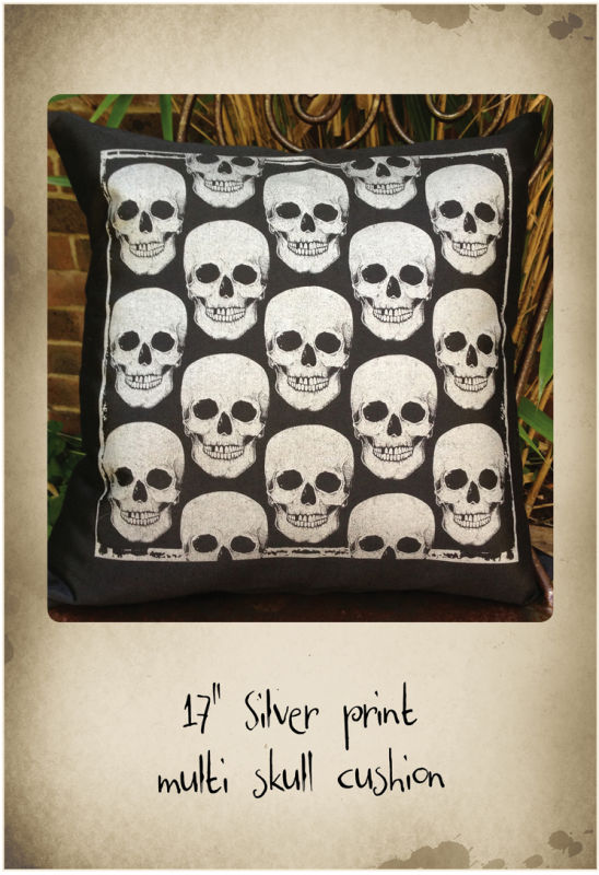 17" black cushion with silver repeat skull print
