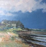Boulmer Cottages and cobles, 40x40cm Acrylic on canvas