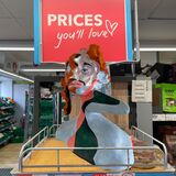 Pale blue, pink and dark green sculpture sitting on shelf in supermarket