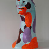 Rory Stewart painted clay portrait bust in mauve blue brown