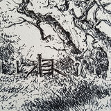 Hegerow with stile and trees. Contemporary Scottish landscape drawing. Original pen and ink drawing on cartridge paper by Marcer Campbell