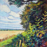 Treeline and wheatfield, Eskrigg. Lockerbie. Dumfries and Galloway. Contemporary Scottish landscape painting. Acrylic on canvas. By Marcer Campbell