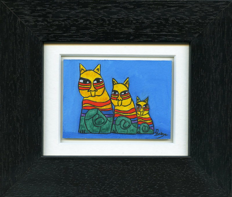 Colourful Cat Family - Framed Aceo size painting - Sold