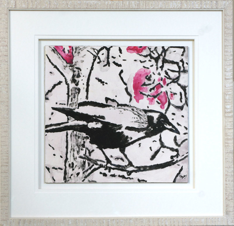 Crow And Magnolia Blossom - Framed