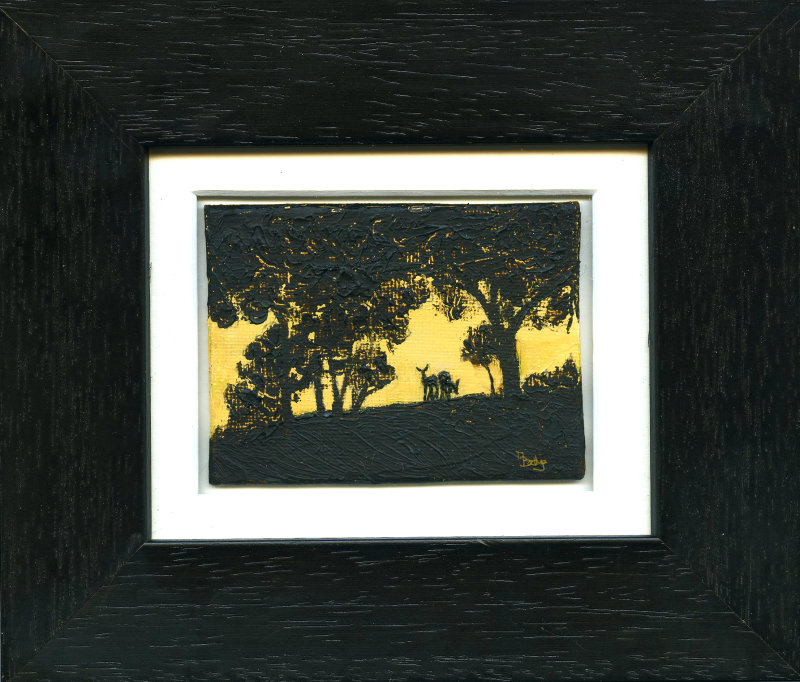 Deer At Sunset - Framed Aceo size painting