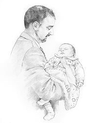 pencil portrait drawing of man and baby
