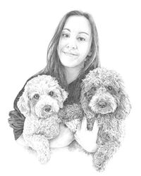 Pencil drawing of a girl holding two dogs