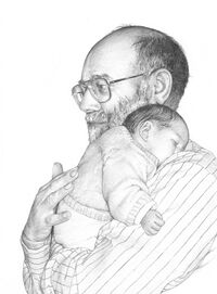 Pencil drawing of man holding a baby