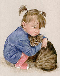 Pastel portrait drawing of a child and a cat