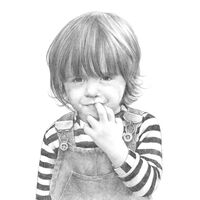 Pencil drawing of a young boy in a striped t shirt