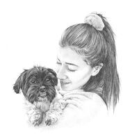 Pencil drawing of a girl holding a dog