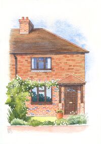 Watercolour paining of red brick house