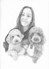 Pencil drawing of a girl holding two dogs
