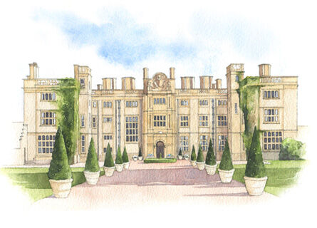 Watercolour painting of a luxury country house hotel