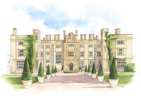 Watercolour painting of a luxury country house hotel