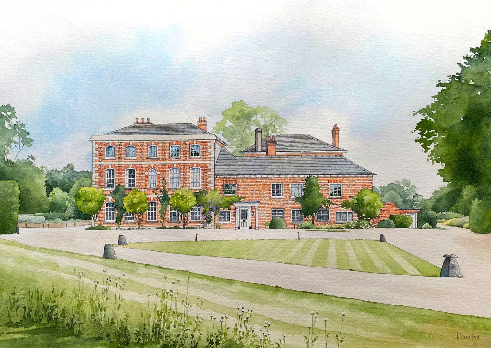watercolour painting of a country house wedding venue