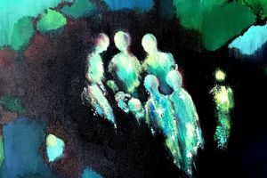 Gathering. Ink and oil on canvas. 41x31cm