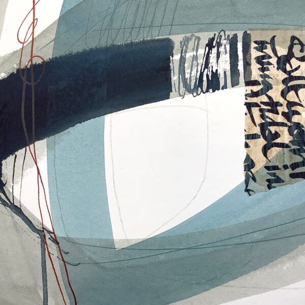 Hidden depths abstract painting in ink and collage on paper for sale