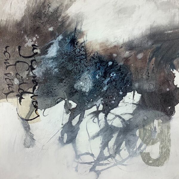 Small abstract winter painting on wood panel for sale