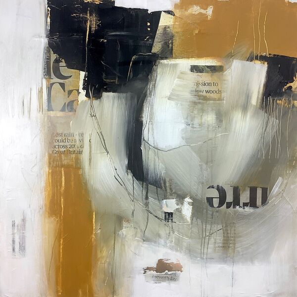 Abstract painting in yellow, grey, black and white on canvas. For sale.