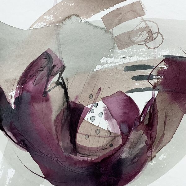 Abstract flower painting in acrylic ink on paper. For sale.