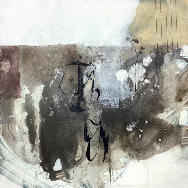 Small abstract winter painting on wood panel for sale