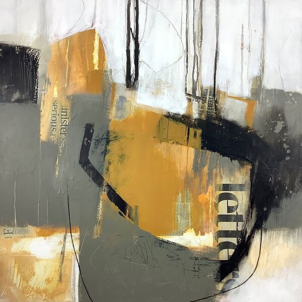Abstract painting on canvas in yellow, grey and black for sale