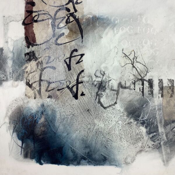 Small abstract winter painting on wood panel for sale