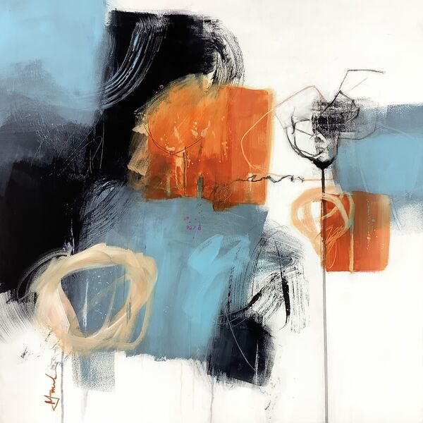 Atmospheric abstract painting on canvas in blue, orange and black