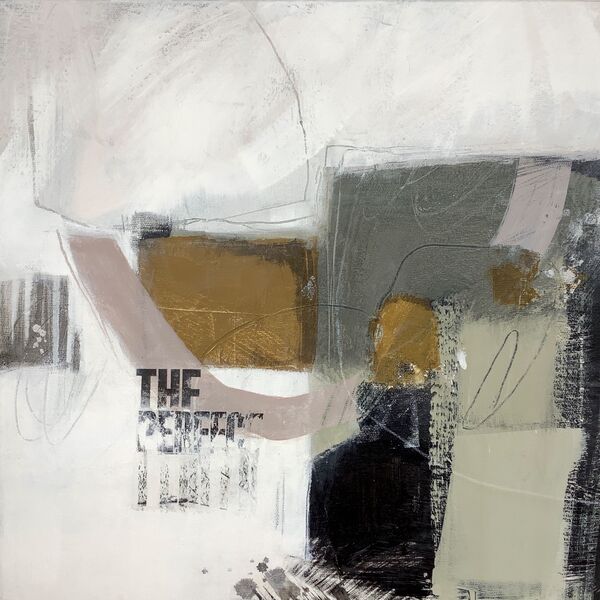Abstract mixed media painting on deep canvas, in pink, green, grey, ochre and white, with bold text added. For sale.