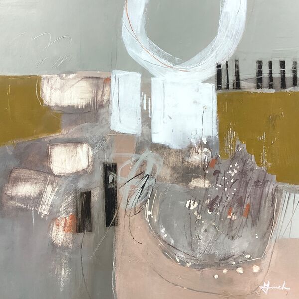 Abstract artwork in pink, grey, ochre and white on watercolour board. For sale.