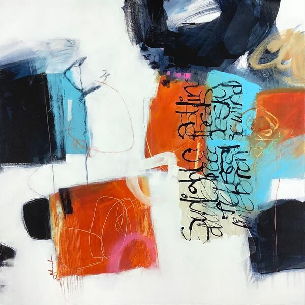 Abstract painting on canvas, in orange, black and turquoise, with written text, by contemporary artist Mari French.