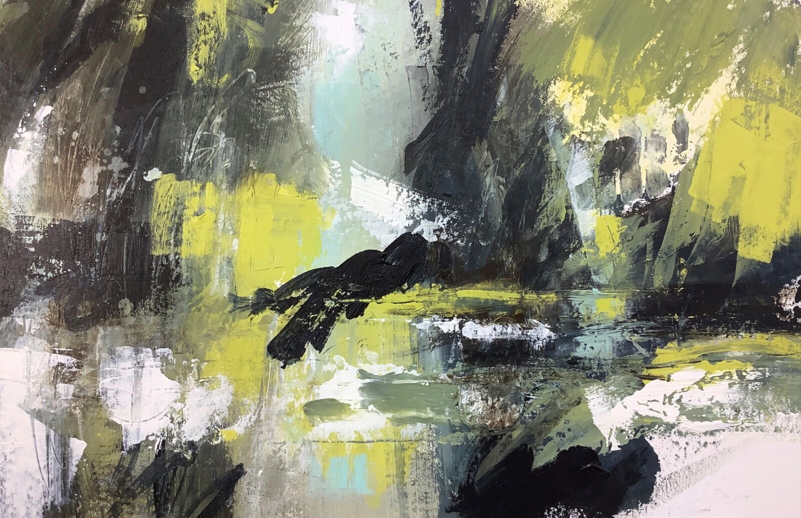 Abstract painting of a natural pool surrounded by trees, in summer.
