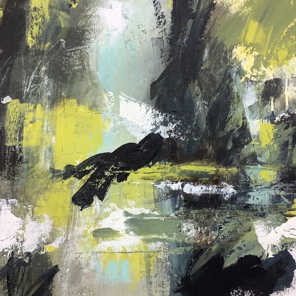 Abstract painting of a natural pool surrounded by trees, in summer.