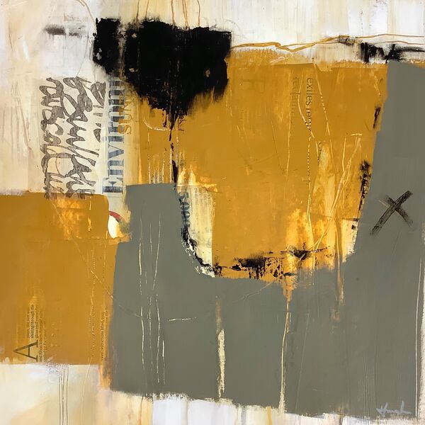 Abstract painting on paper in yellow, grey and black for sale