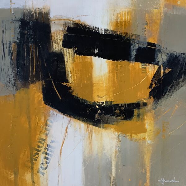 Abstract painting on paper in yellow, grey and black for sale