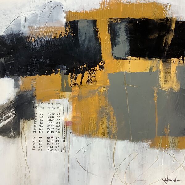 Abstract painting on paper in yellow, grey and black for sale