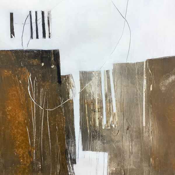 Abstract artwork in brown, sienna and grey, monotype and acrylic on paper. For sale.